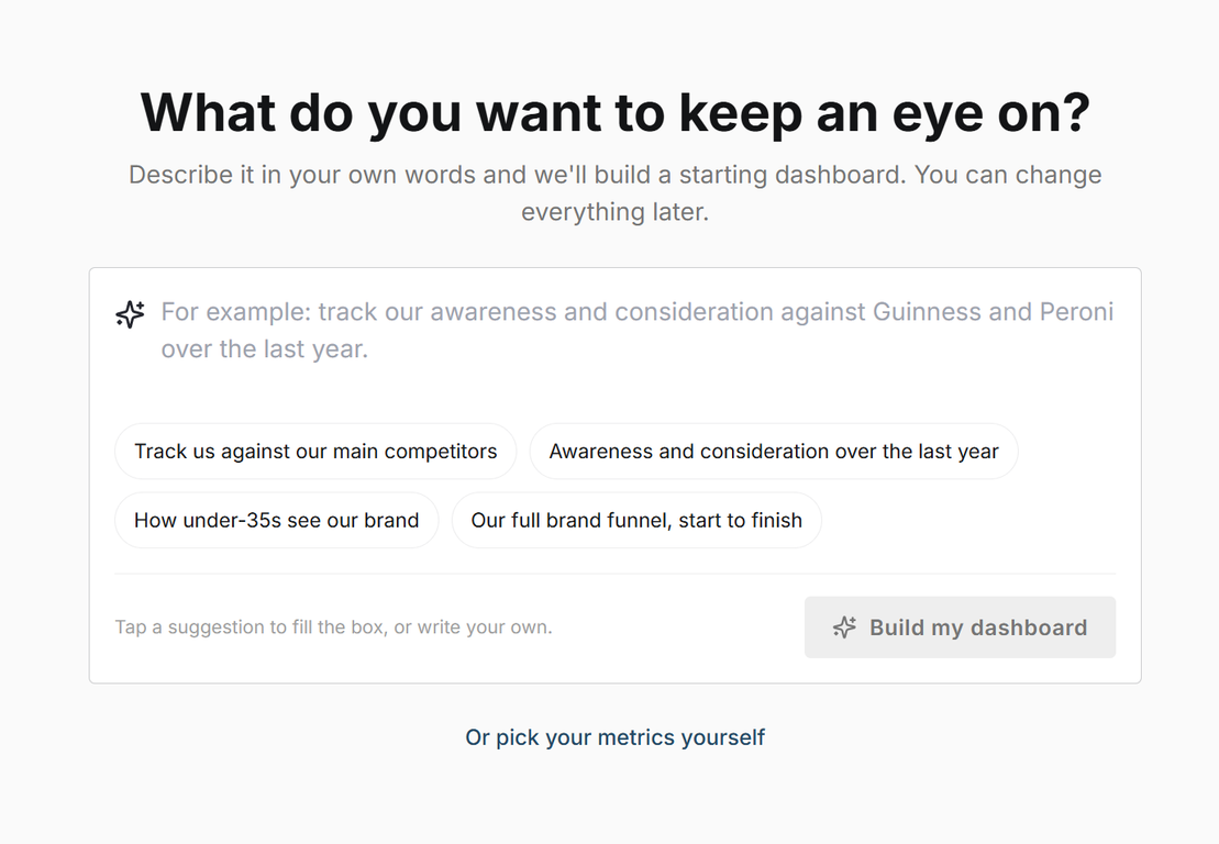 The dashboard builder's starting screen: a plain-language prompt box asking what you want to keep an eye on, suggestion chips like track us against our main competitors, and an option to pick your metrics yourself.