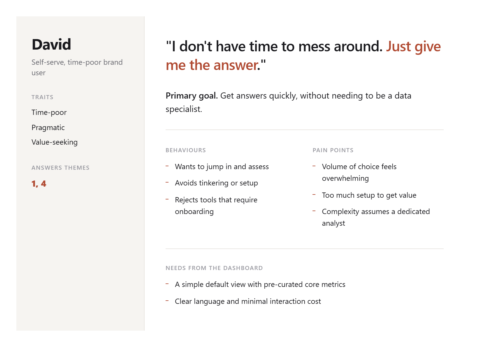 Persona: David, self-serve and time-poor. Wants answers quickly without needing to be a data specialist; overwhelmed by too much choice and setup.