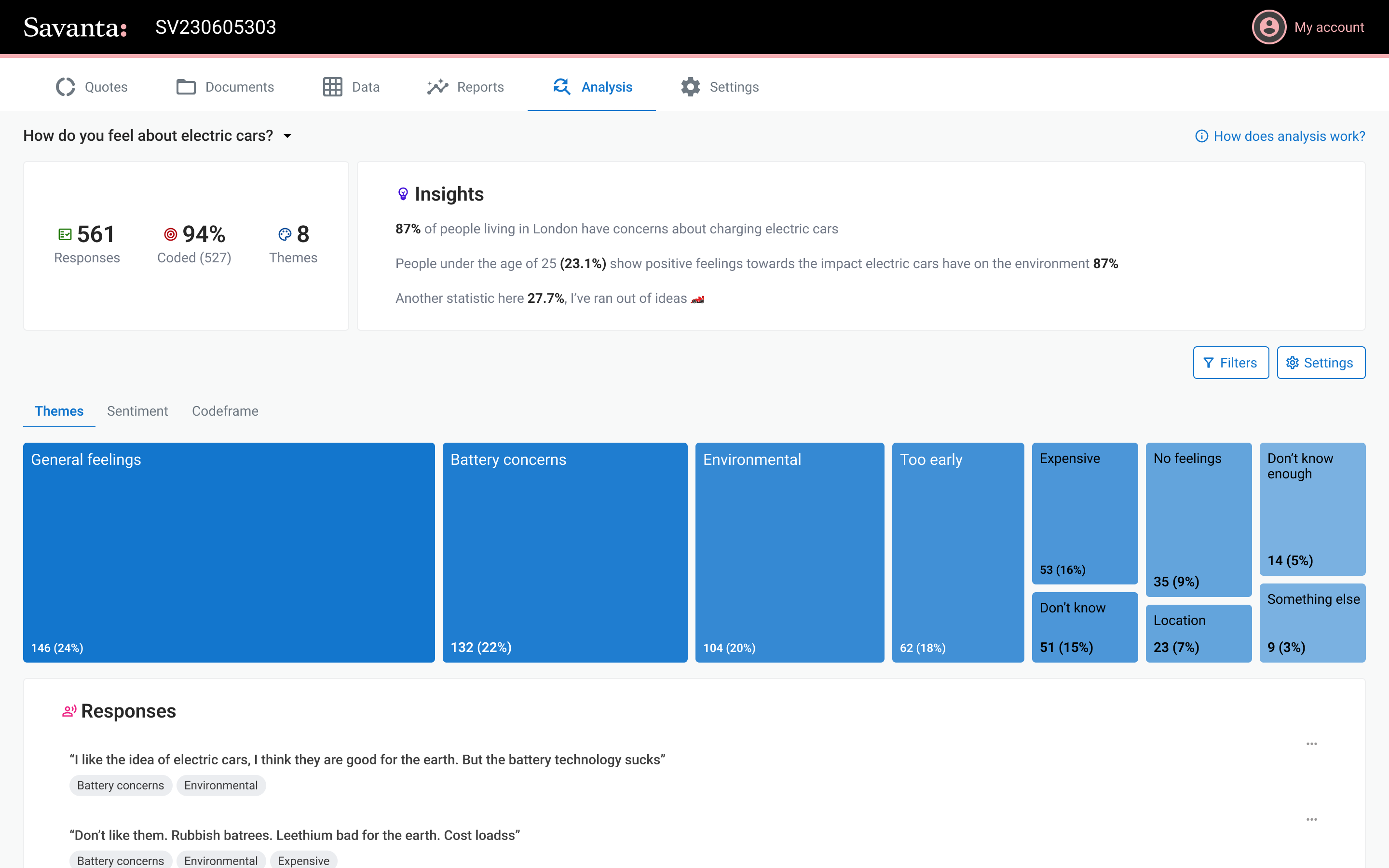 An earlier version of the tool: an insights panel, then themes shown as large colour-filled blocks sized by their share, with the coded responses listed below them.