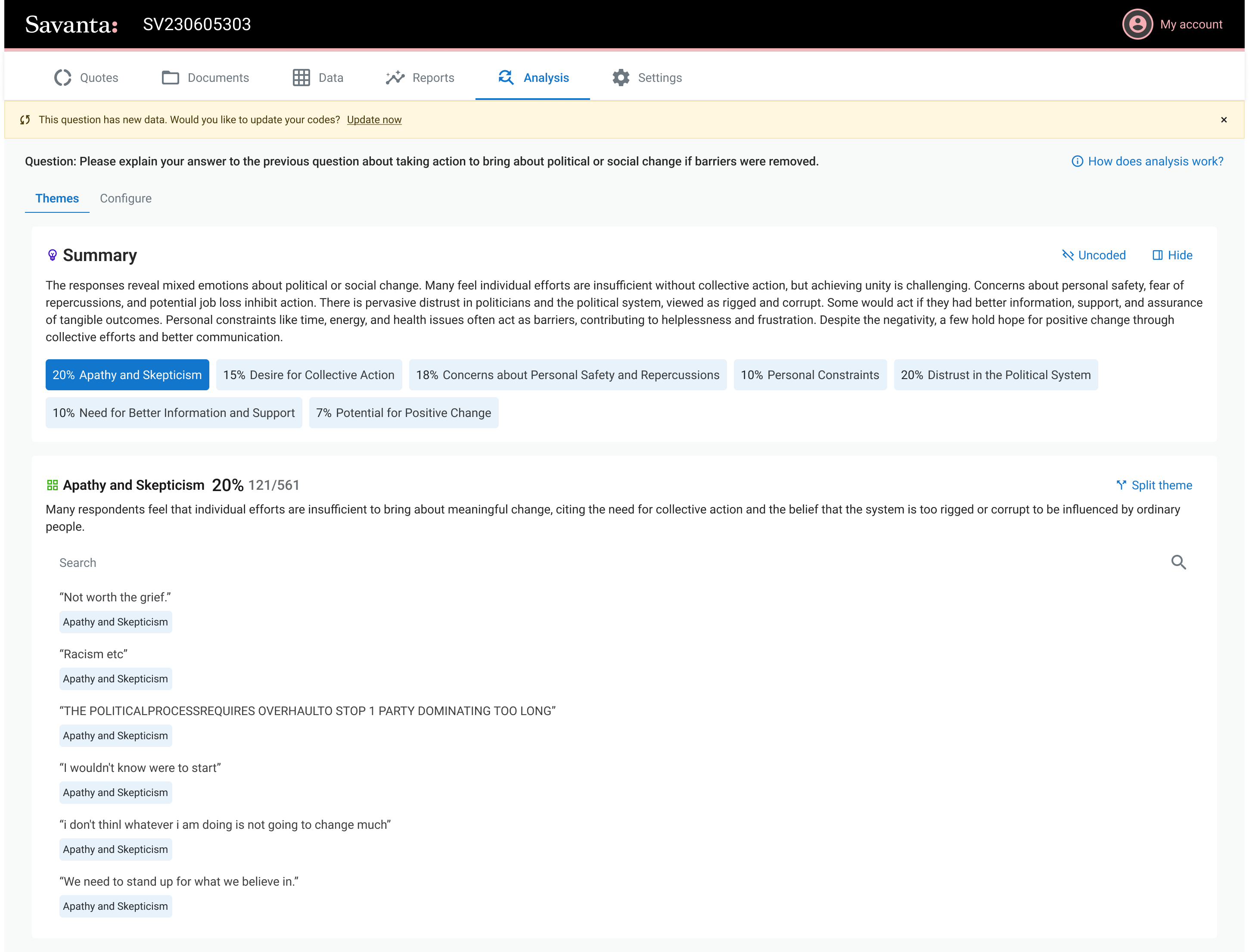 The Open End Analysis tool: 561 responses coded into eight themes, with an insights summary and colour-coded theme blocks