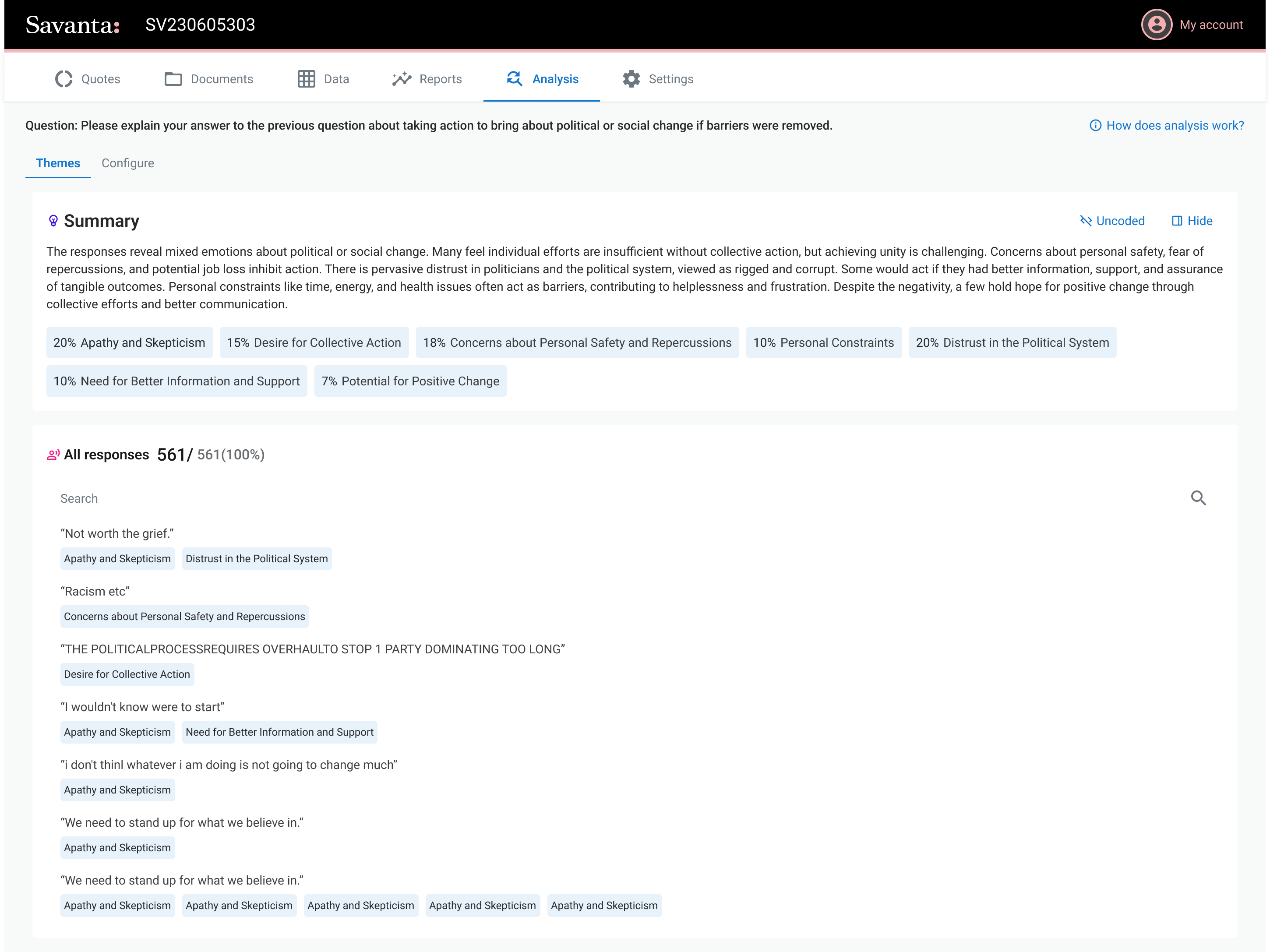The Open End Analysis tool: AI-generated theme summary with coded survey responses below