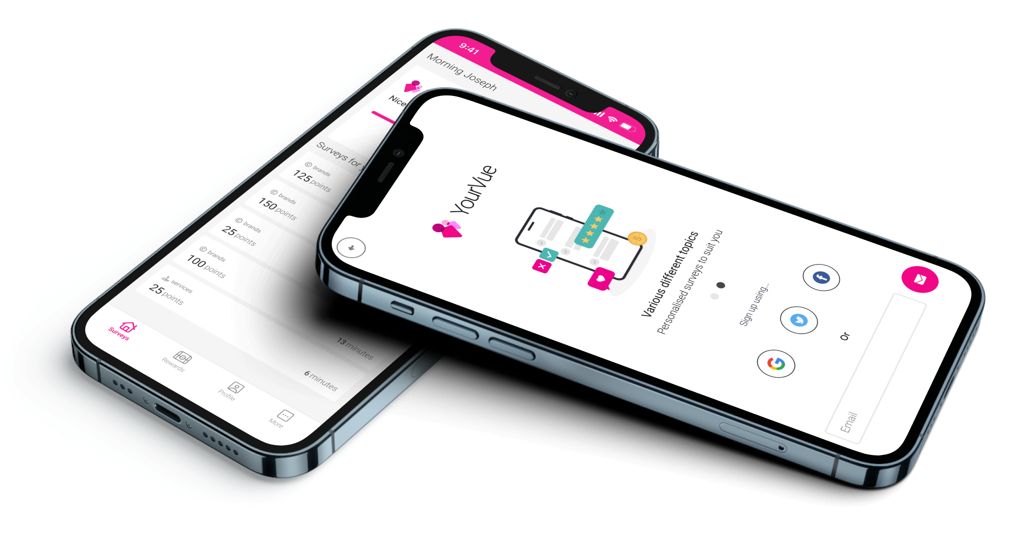 YourVue running on two iPhones: the personalised surveys list showing points and time per survey, and the sign-up screen