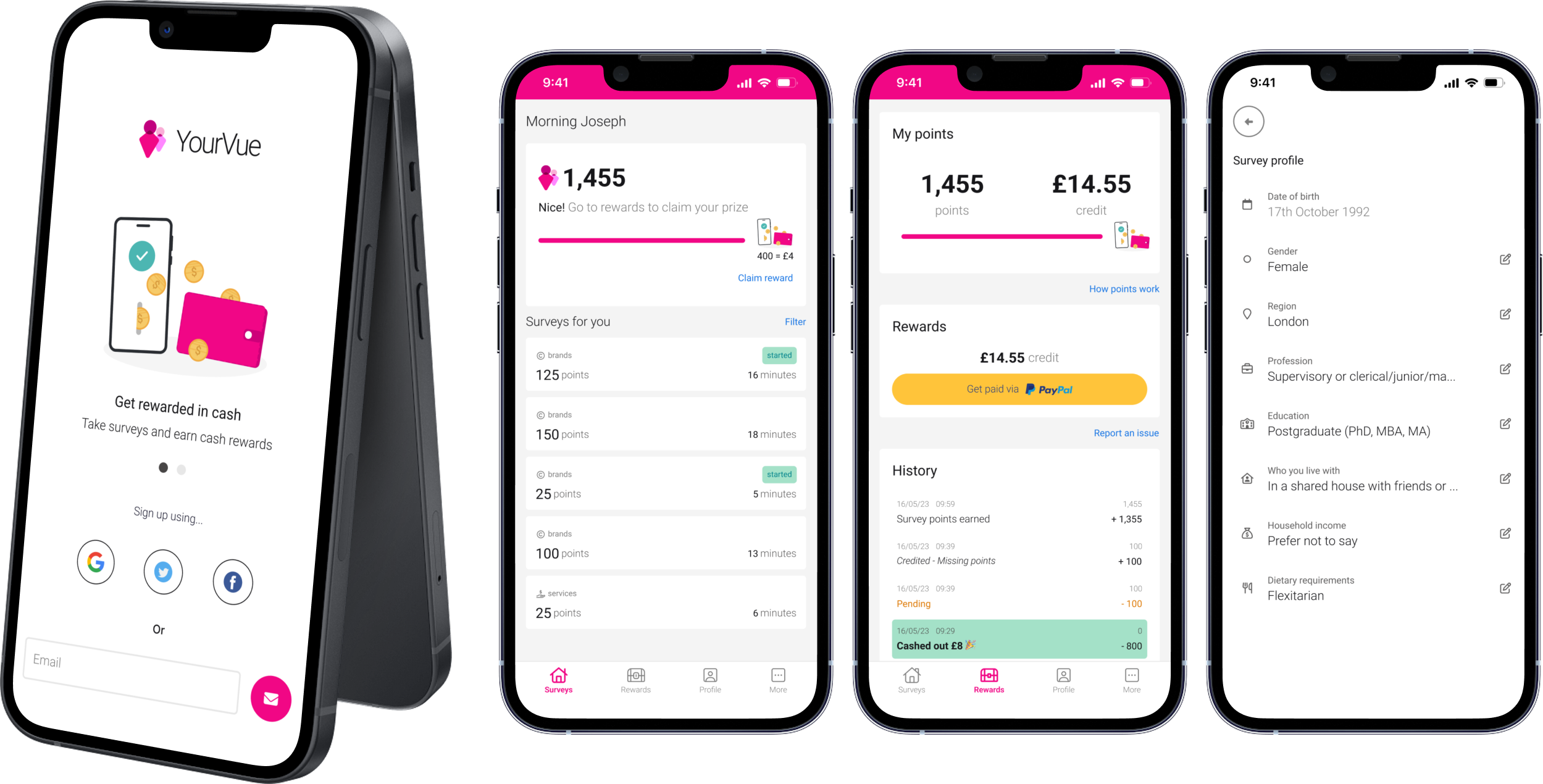 Four YourVue app screens: sign-up, the personalised surveys list showing points and time per survey, the rewards and points balance, and the survey profile that powers the personalisation