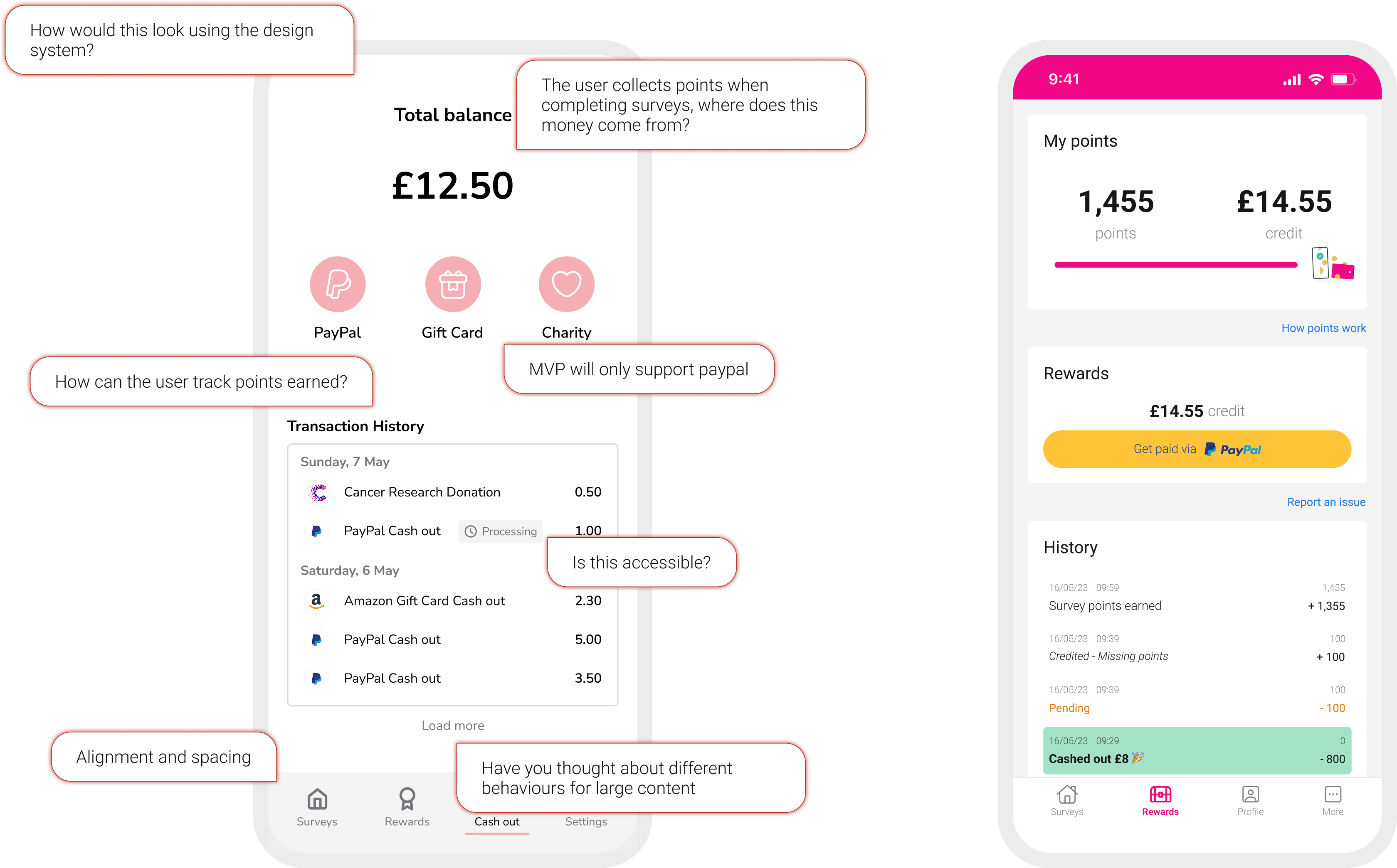 A cash-out screen she designed, marked up with the coaching questions I asked rather than answered: where does the money come from, how can the user track points earned, is this accessible, what happens with much longer content. Beside it, the resolved final screen.