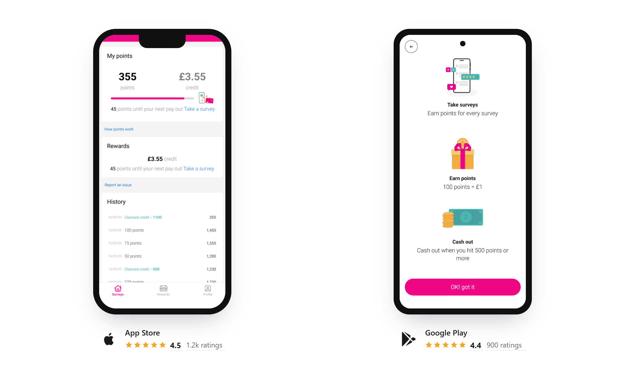 YourVue shipped on both platforms: a product screen shown in an iPhone frame with its App Store rating, and another in an Android frame with its Google Play rating, both rated above four stars.